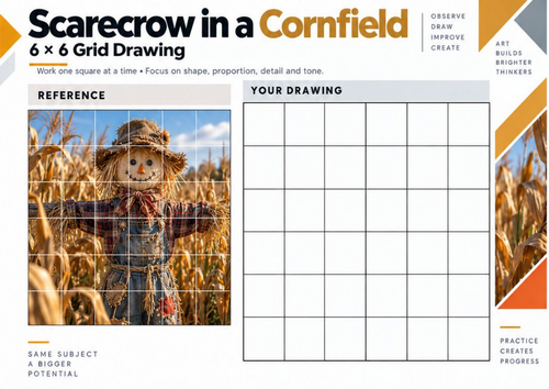 Scarecrow in a Cornfield – Grid Drawing Worksheet | KS3 & KS4 Art