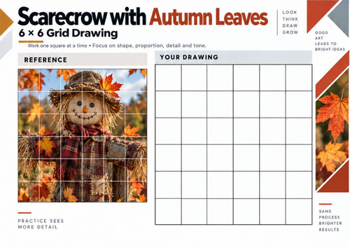 Scarecrow with Autumn Leaves – Grid Drawing Worksheet | KS3 & KS4 Art
