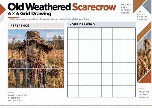 Old Weathered Scarecrow – Grid Drawing Worksheet | KS3 & KS4 Art