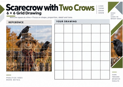 Scarecrow with Two Crows – Grid Drawing Worksheet | KS3 & KS4 Art