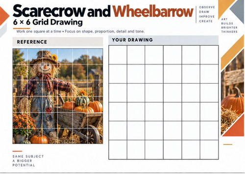 Scarecrow and Wheelbarrow – Grid Drawing Worksheet | KS3 & KS4 Art