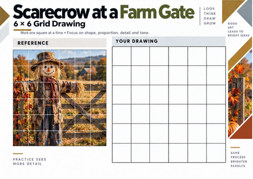 Scarecrow at a Farm Gate – Grid Drawing Worksheet | KS3 & KS4 Art