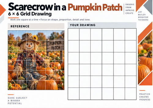 Scarecrow in a Pumpkin Patch – Grid Drawing Worksheet | KS3 & KS4 Art