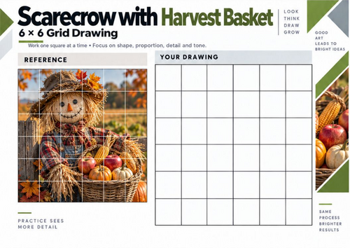 Scarecrow with Harvest Basket – Grid Drawing Worksheet | KS3 & KS4 Art