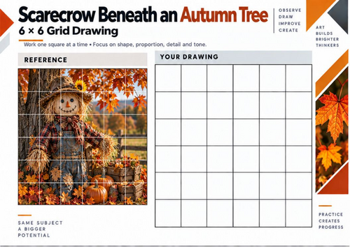 Scarecrow Beneath an Autumn Tree – Grid Drawing Worksheet | KS3 & KS4 Art
