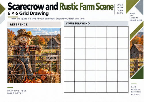 Scarecrow and Rustic Farm Scene – Grid Drawing Worksheet | KS3 & KS4 Art