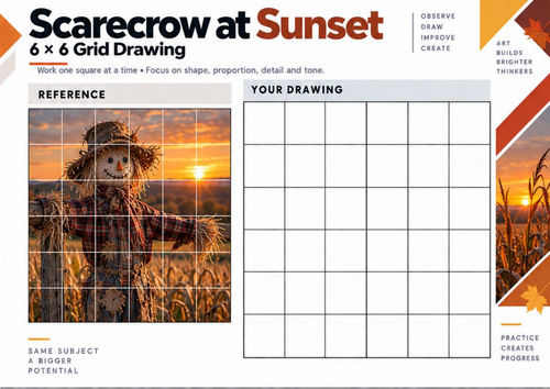 Scarecrow at Sunset – Grid Drawing Worksheet | KS3 & KS4 Art