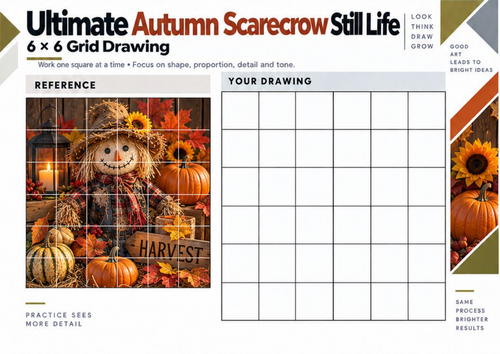 Ultimate Autumn Scarecrow Still Life – Grid Drawing Worksheet | KS3 & KS4 Art