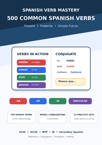 Spanish 500 Common Verbs Mastery Book | GCSE IGCSE IB MYP | Present, Preterite & Future + Answers
