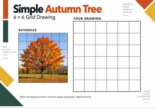 Simple Autumn Tree Grid Drawing Worksheet | Autumn Art | KS3 & KS4
