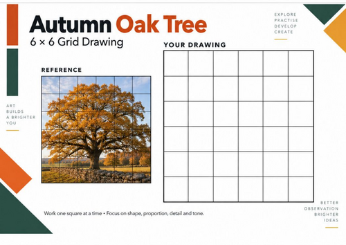 Autumn Oak Tree Grid Drawing Worksheet | Seasonal Art | KS3 & KS4
