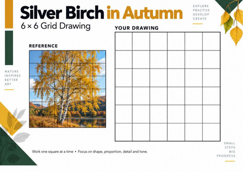 Silver Birch in Autumn Grid Drawing Worksheet | Nature Art | KS3 & KS4