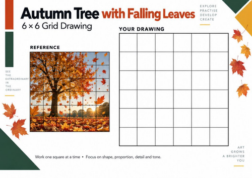 Autumn Tree with Falling Leaves Grid Drawing Worksheet | KS3 & KS4 Art