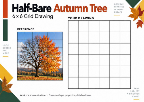 Half-Bare Autumn Tree Grid Drawing Worksheet | Seasonal Art | KS3 & KS4