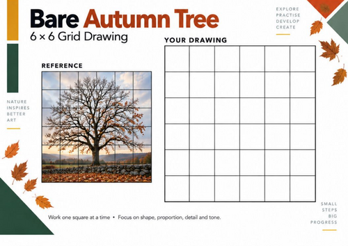 Bare Autumn Tree Grid Drawing Worksheet | Observational Drawing | KS3 & KS4