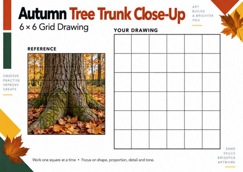 Autumn Tree Trunk Close-Up Grid Drawing Worksheet | Texture Art | KS3 & KS4