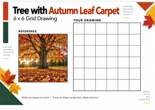 Tree with Autumn Leaf Carpet Grid Drawing Worksheet | Autumn Art | KS3 & KS4