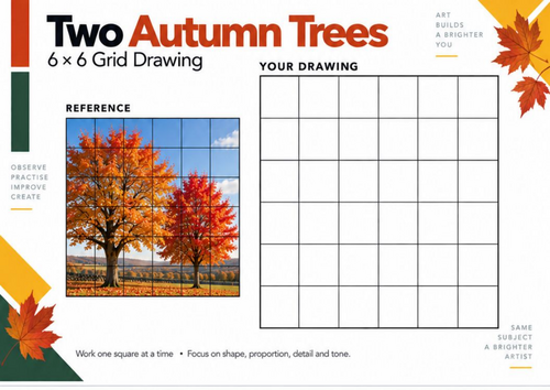 Two Autumn Trees Grid Drawing Worksheet | Observational Art | KS3 & KS4