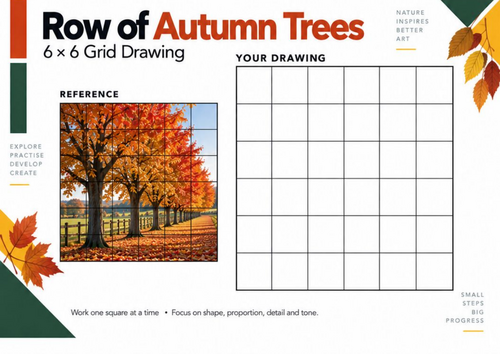 Row of Autumn Trees Grid Drawing Worksheet | Perspective Art | KS3 & KS4