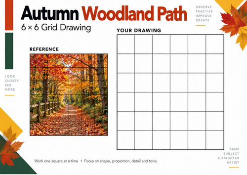 Autumn Woodland Path Grid Drawing Worksheet | Landscape Art | KS3 & KS4