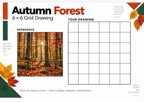 Autumn Forest Grid Drawing Worksheet | Woodland Landscape Art | KS3 & KS4