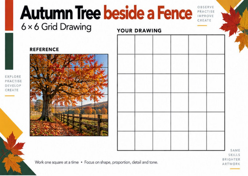 Autumn Tree Beside a Fence Grid Drawing Worksheet | Landscape Art | KS3 & KS4
