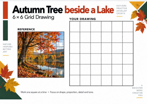Autumn Tree Beside a Lake Grid Drawing Worksheet | Landscape Art | KS3 & KS4