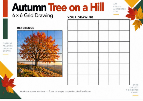 Autumn Tree on a Hill Grid Drawing Worksheet | Autumn Landscape | KS3 & KS4