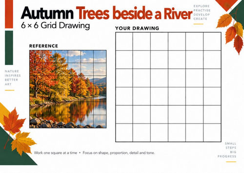 Autumn Trees Beside a River Grid Drawing Worksheet | Landscape Art | KS3 & KS4