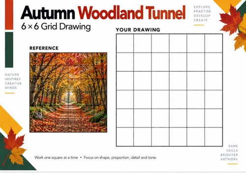 Autumn Woodland Tunnel Grid Drawing Worksheet | Perspective Art | KS3 & KS4