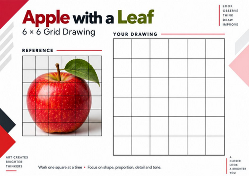 Apple with a Leaf Grid Drawing Worksheet | Fruit Drawing | KS3 & KS4 Art