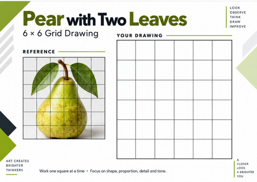 Pear with Two Leaves Grid Drawing Worksheet | Observational Art | KS3 & KS4