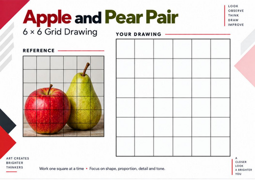 Apple and Pear Pair Grid Drawing Worksheet | Fruit Still Life | KS3 & KS4 Art