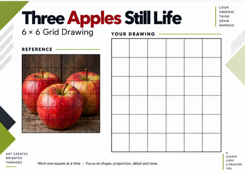Three Apples Still Life Grid Drawing Worksheet | Observational Art | KS3 & KS4