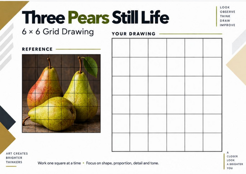 Three Pears Still Life Grid Drawing Worksheet | Fruit Drawing | KS3 & KS4 Art