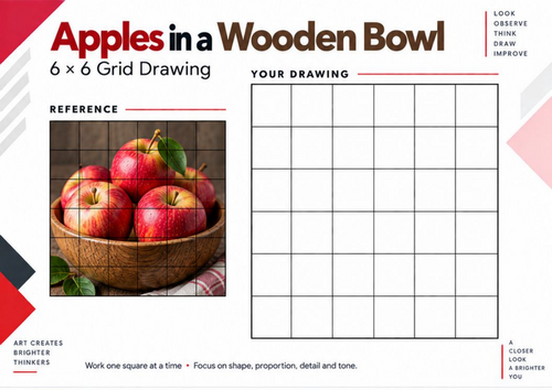 Apples in a Wooden Bowl Grid Drawing Worksheet | Still Life | KS3 & KS4 Art