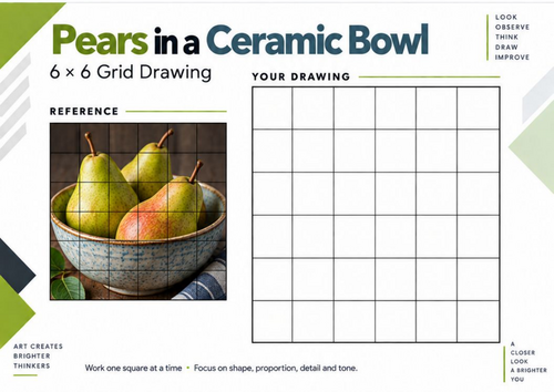 Pears in a Ceramic Bowl Grid Drawing Worksheet | Still Life Art | KS3 & KS4