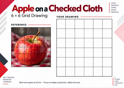 Apple on a Checked Cloth Grid Drawing Worksheet | Observational Art | KS3 & KS4