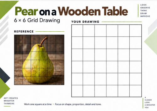 Pear on a Wooden Table Grid Drawing Worksheet | Fruit Drawing | KS3 & KS4 Art