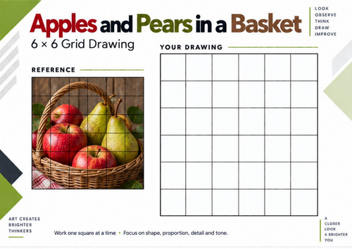 Apples & Pears in a Basket Grid Drawing Worksheet | Still Life | KS3 & KS4 Art