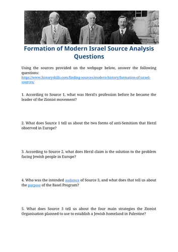 Formation of Modern Israel Source Analysis Questions Worksheet