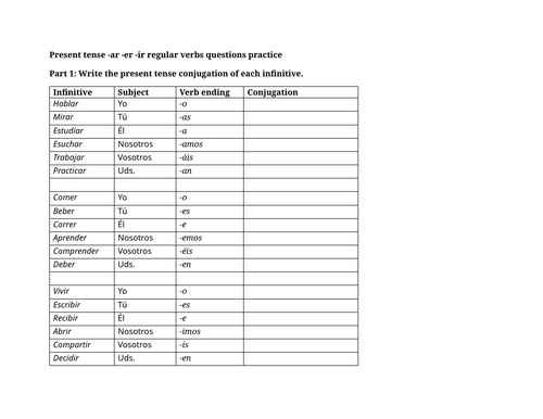 Present tense -ar -er -ir regular verbs questions practice