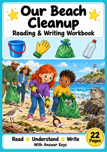 Beach Cleanup Reading Comprehension and Writing Workbook Grades 1-2