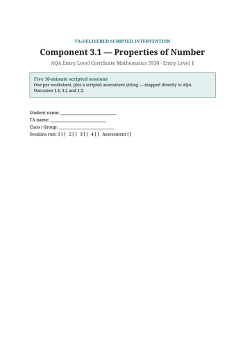 AQA Entry Level 1 Maths Intervention Scripts — Properties of Number, SEN TA Sessions