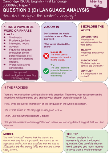 Cambridge IGCSE First Language English 0500/0990 - Paper 1 Q3 (d) Language Analysis Learning Mat
