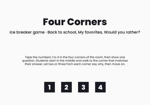 Four Corners - Icebreaker | 31 No-Prep Sheets