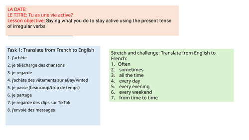 AQA NEW GCSE FOUNDATION MODULE 1 UNIT 2 TU AS UNE VIE ACTIVE?