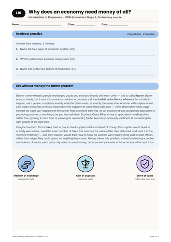 Introduction to Economics The Role of Money NSW St6