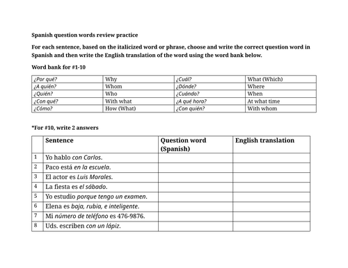 Spanish question words review practice