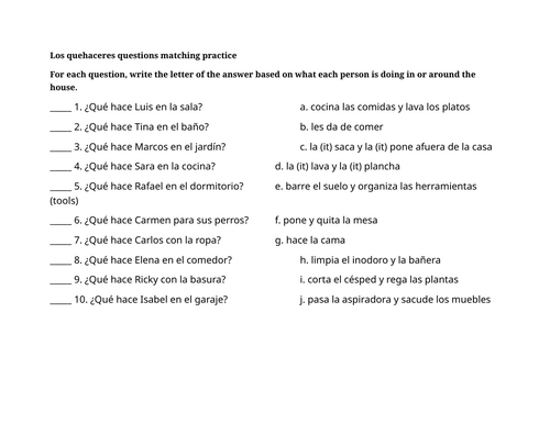 Los quehaceres questions matching practice